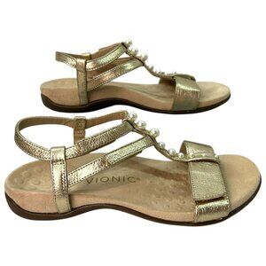 Vionic Mikah Women's Adjustable T-Strap Gold Beaded Orthotic Sandals - Size 6‎